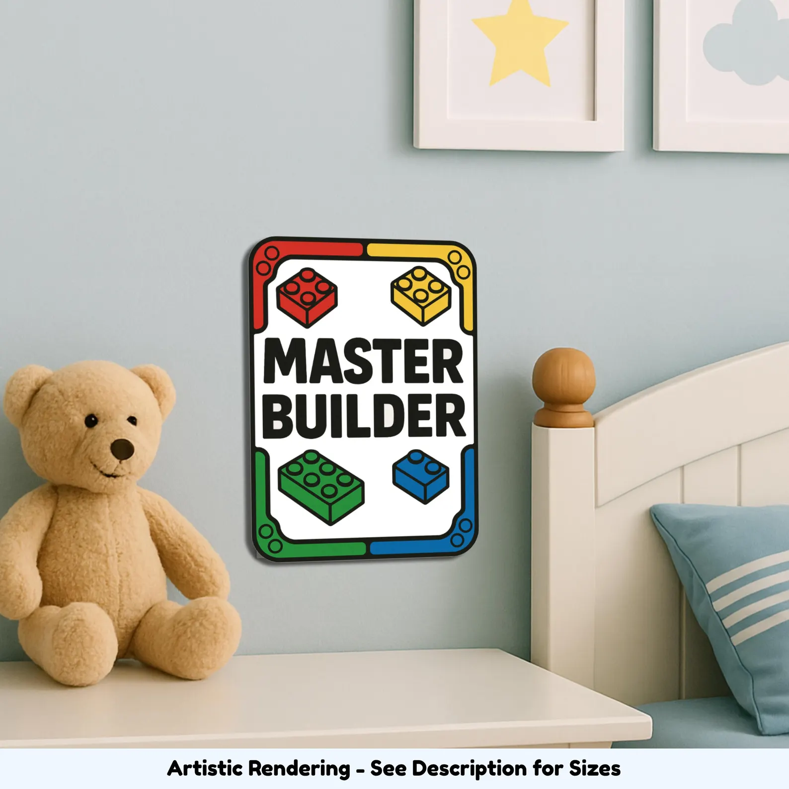 Master Builder sign used as playful decor in a kids room or playroom to make the build zone feel official.