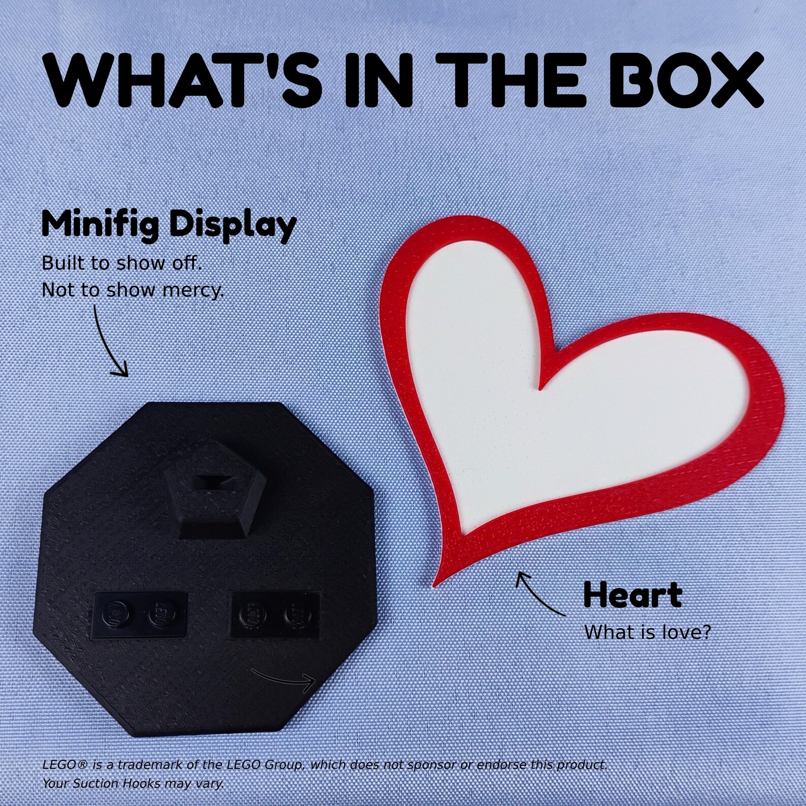 What’s in the box graphic showing the Heart Display base and raised heart outline pieces included in the set. Minifigures are not included.